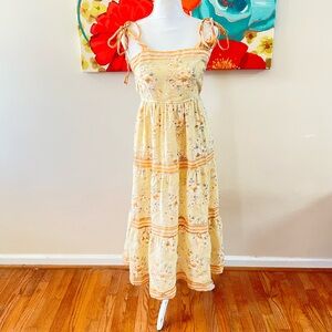 NWOT 𖤓 Anthropologie By the River 🐰 Yellow Midi Dress. Floral & tie straps.